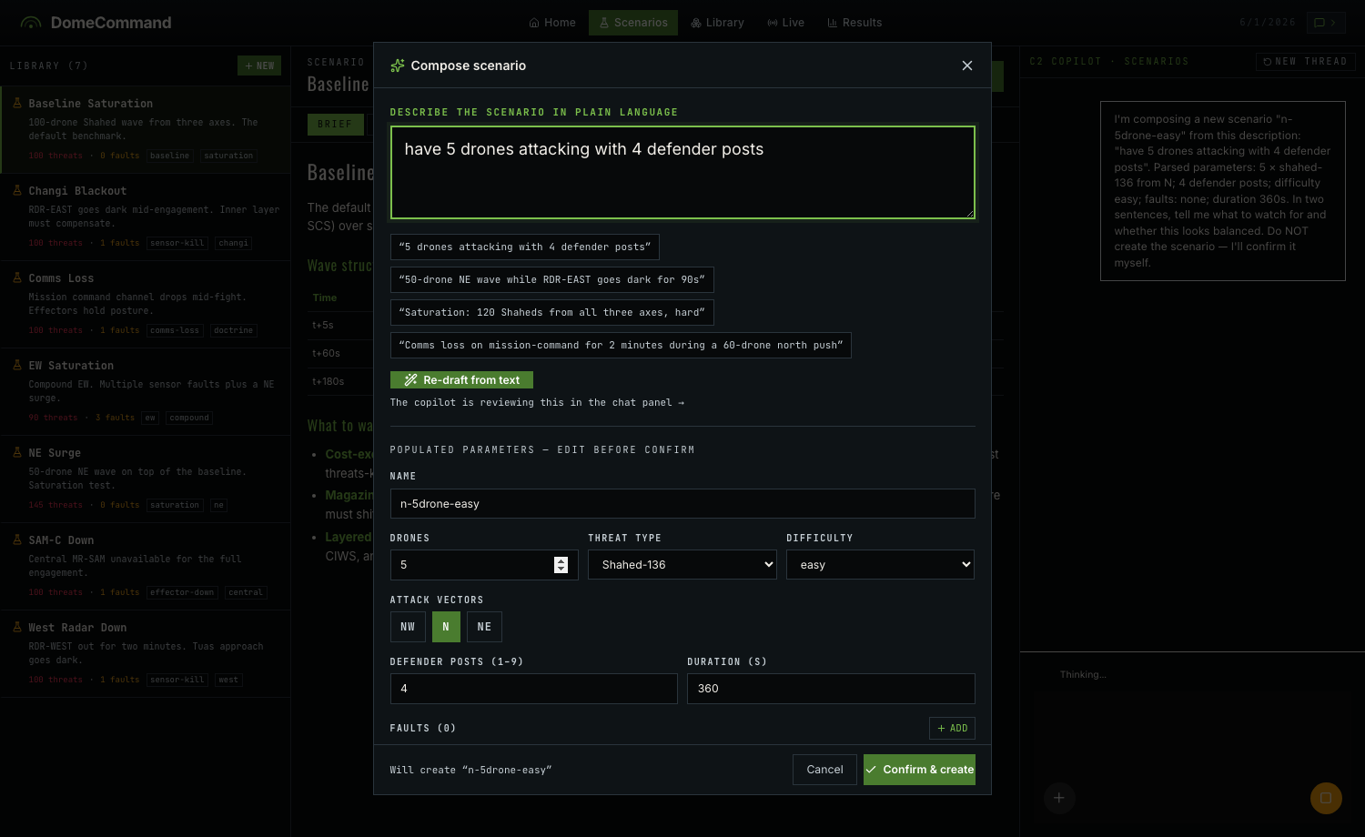 Authoring a scenario in plain English. The parsed parameters are shown for review before the scenario is created.