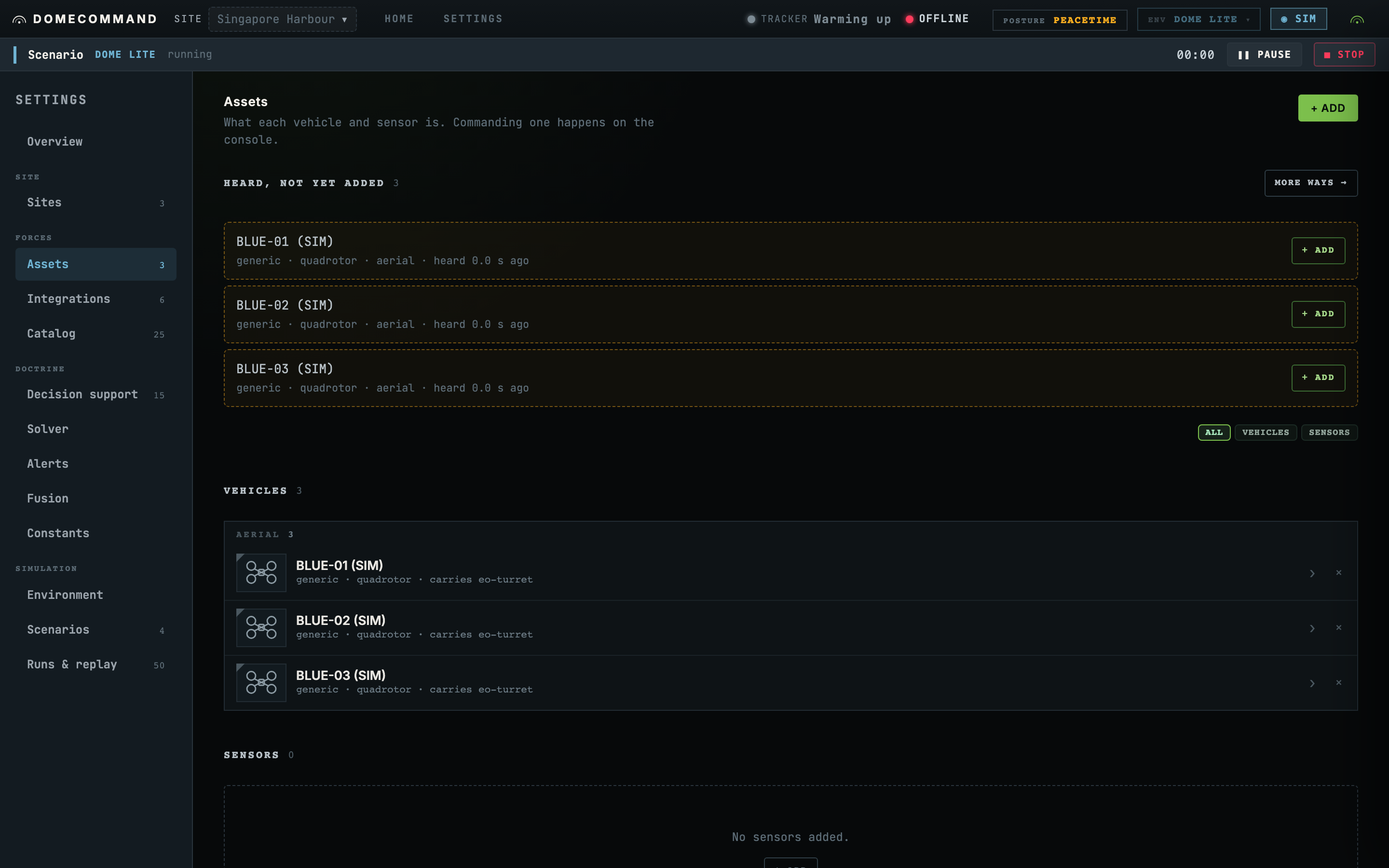 The assets list showing vehicles and sensors together