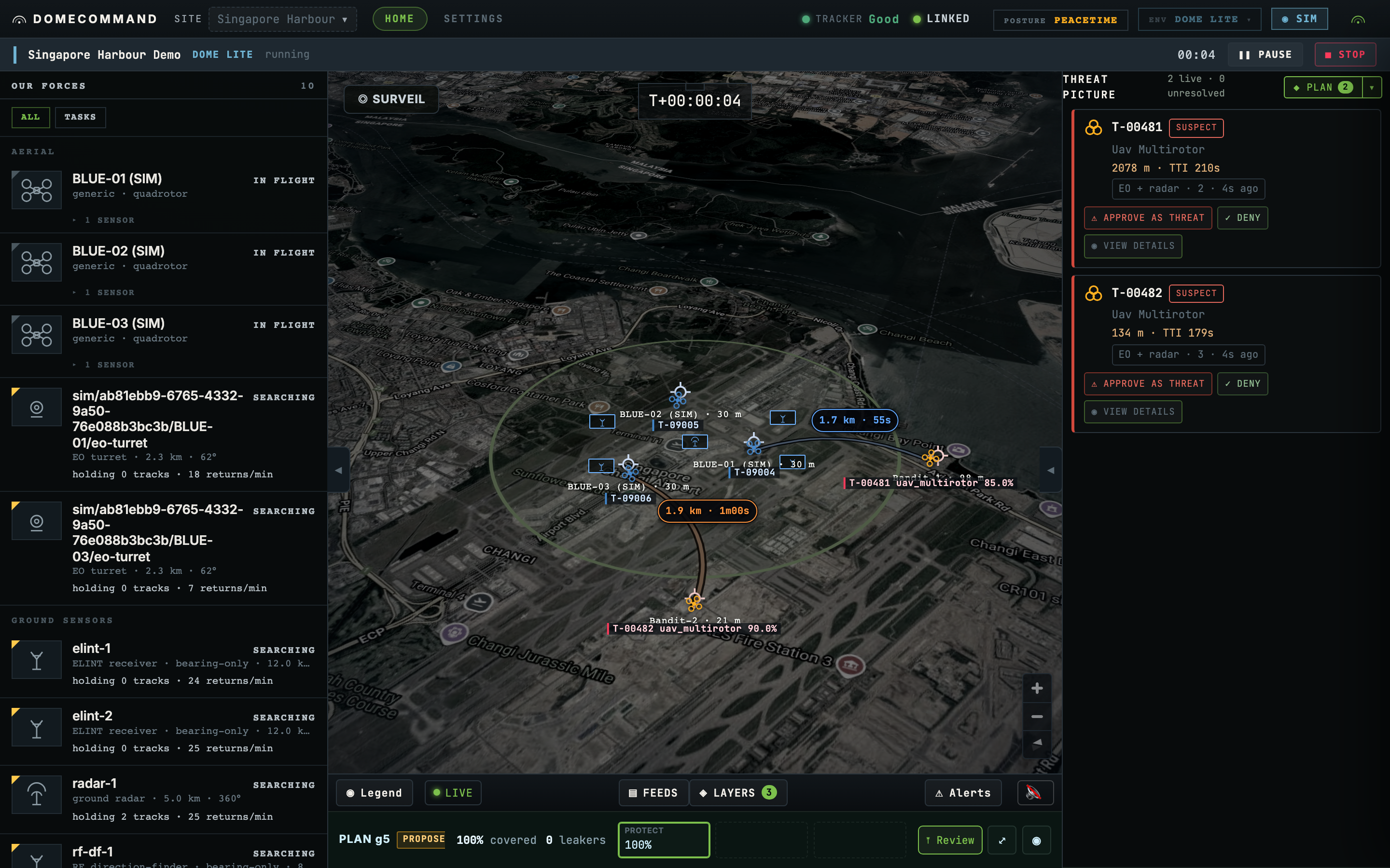 The live console with the threat picture and a proposed plan
