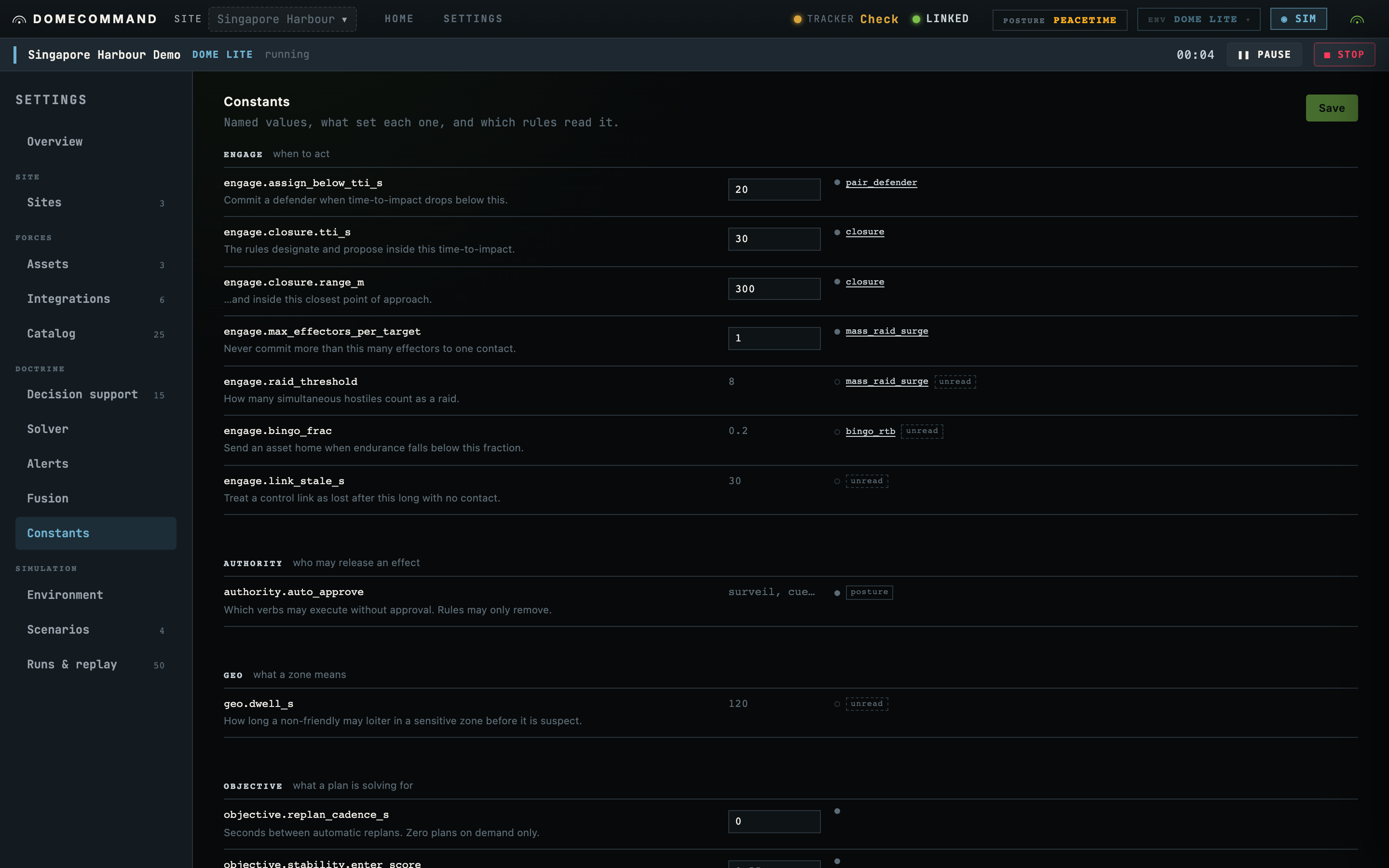 The constants registry as a table