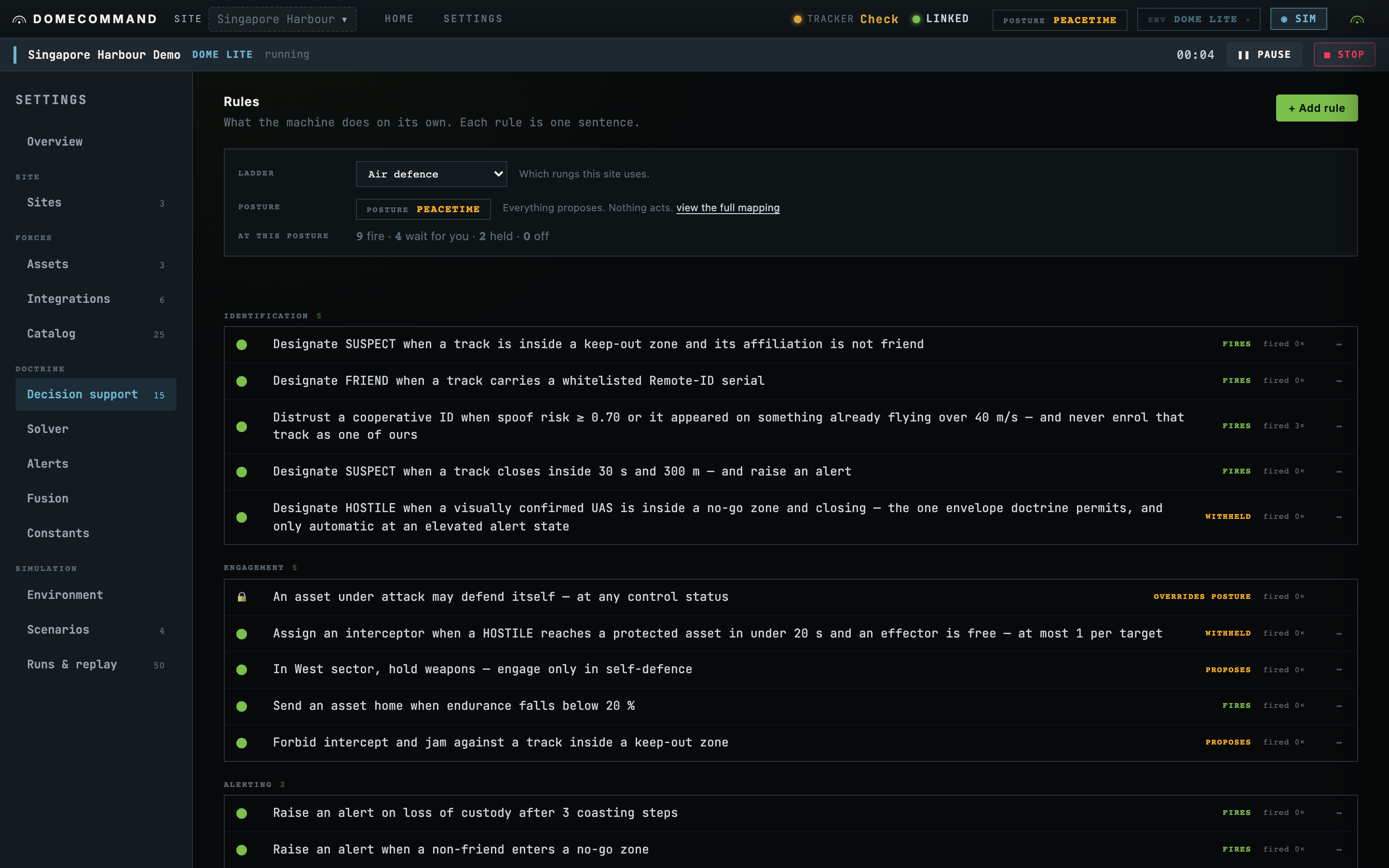The rules list grouped by category