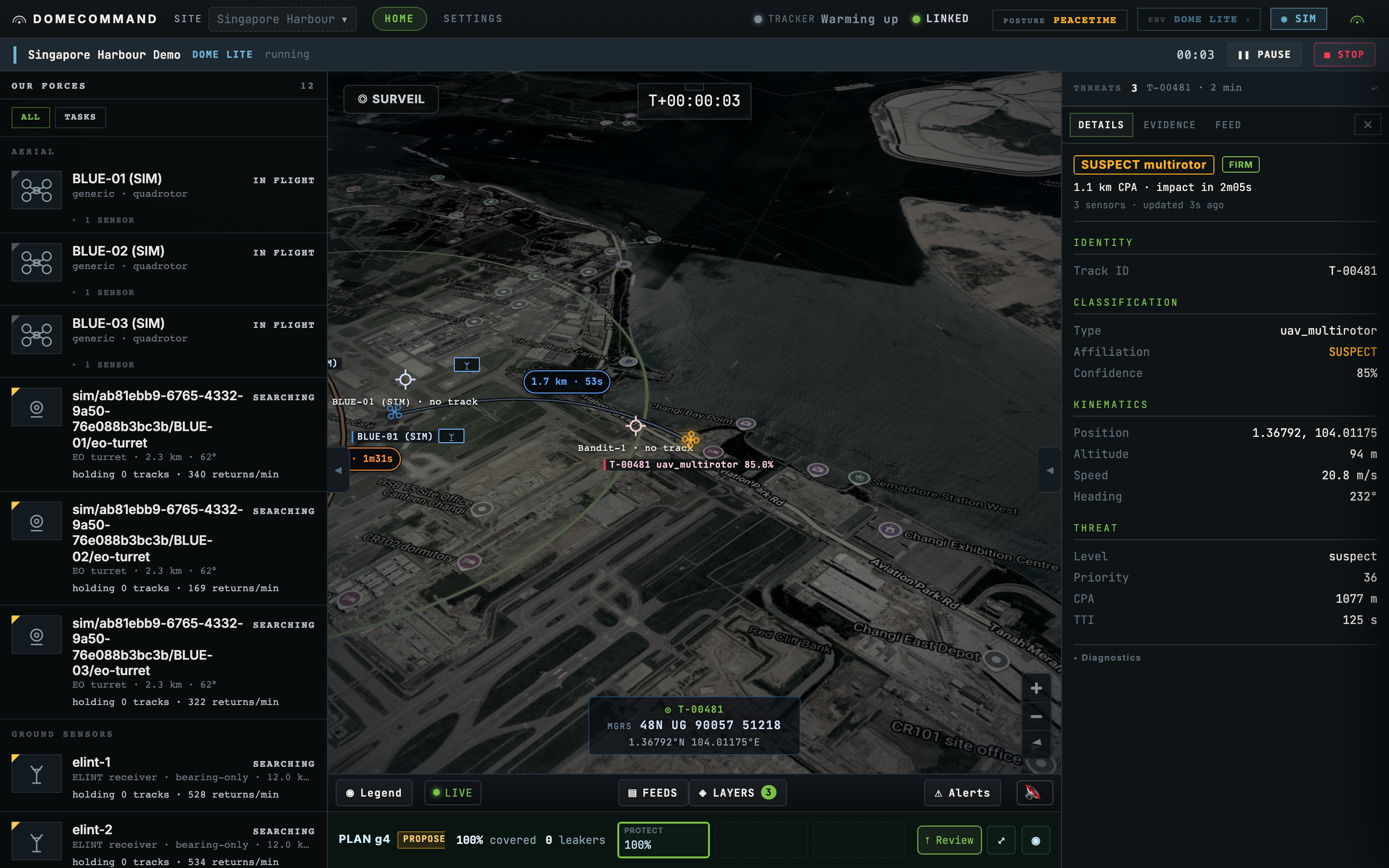 A selected track showing classification, kinematics and threat numbers