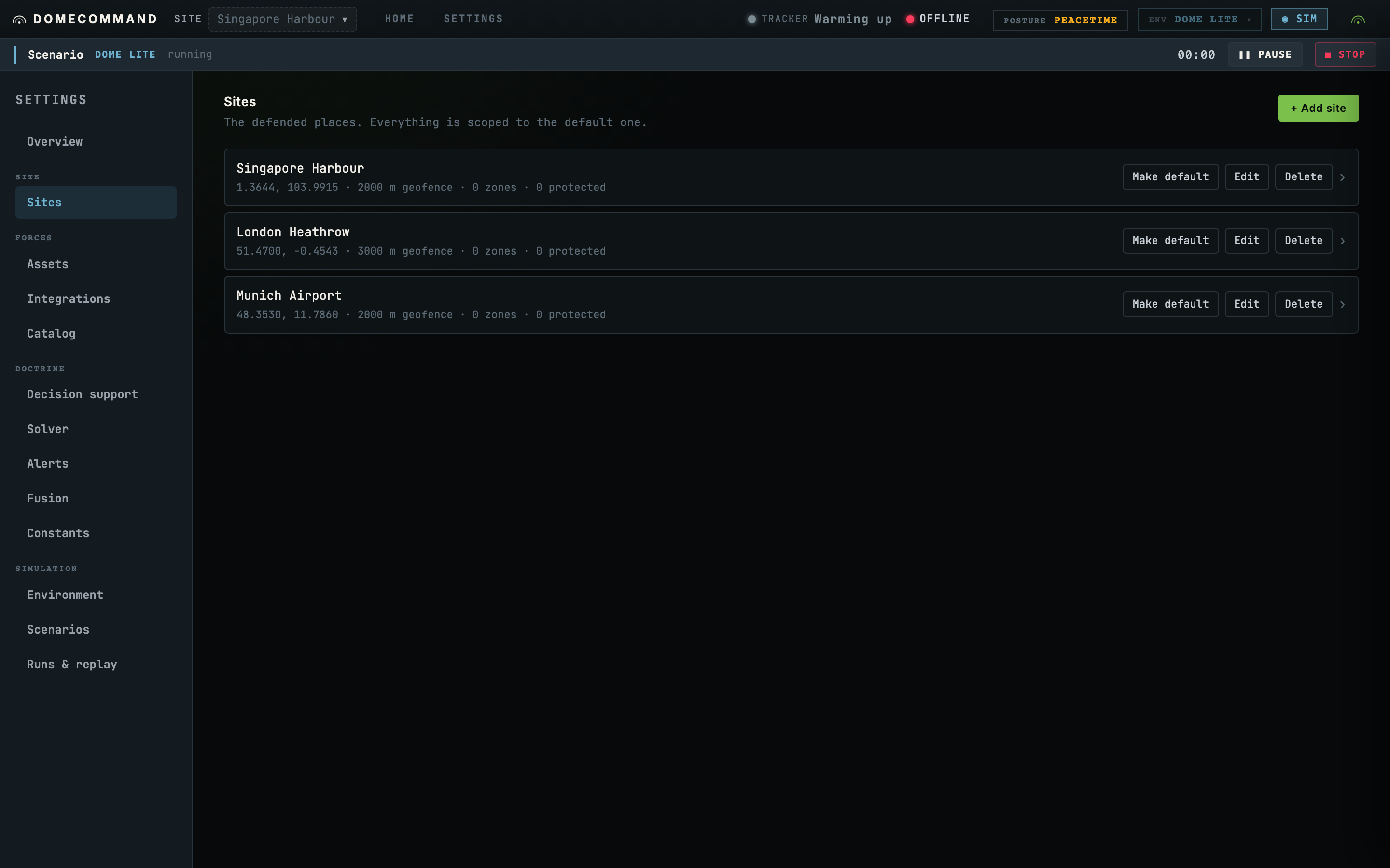 The sites list in DomeCommand settings