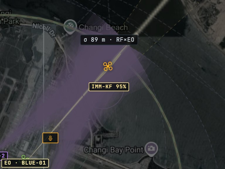 Fused track near Changi, + drone camera, σ 89 m
