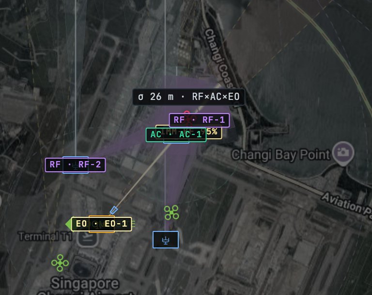 Fused track near Changi, + acoustic, σ 26 m